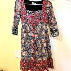Lulumari Anthropologie patchwork cottage core XS tie back ruffle dress button